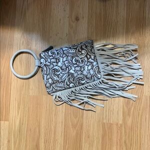 Justin Leather Fringe Patterned Handbag with Ring Handle measures 7.5”x 5.5 “